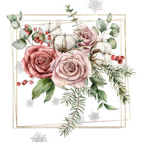 20 Servietten Vinterbukett - Rosen im Naturgesteck 33x33cm