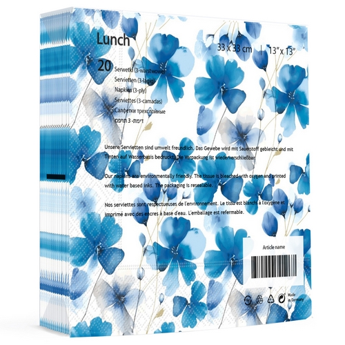 20 Servietten Everbloom blue - Gemalte blaue Blüten 33x33cm