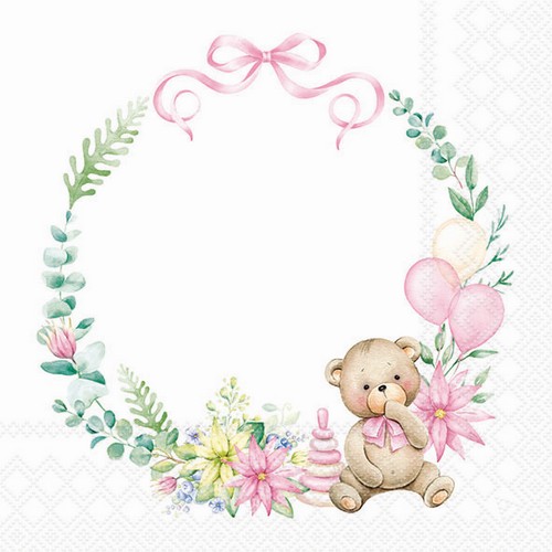 20 Servietten Baby Teddy Bear pink - Teddy im rosa Kranz 33x33cm