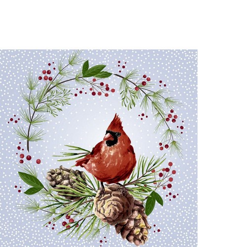 20 kleine Cocktailservietten Winter Cardinal - Kardinal im Winterkranz 24x24cm