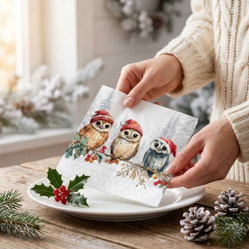 20 Servietten Wise Owls - Eulen mit Weihnachtsmütze 33x33cm