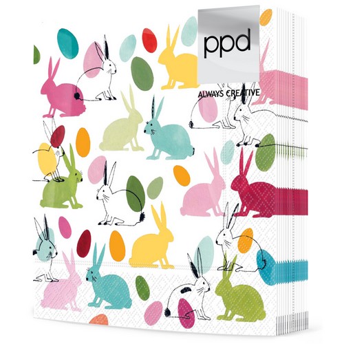 20 Servietten Rabbits & Eggs - Bunte Hasen und Ostereier 33x33cm