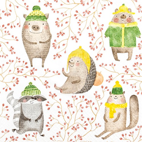 20 Servietten Sweet Buddies - Lustige Herbsttiere mit Mützen 33x33cm