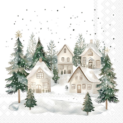 20 Servietten Snowy Houses - Weiße Winterhäuser im Wald 33x33cm