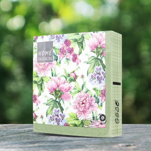20 Servietten Botanical Romance - Pfingstrosen an grüner Bordüre 33x33cm