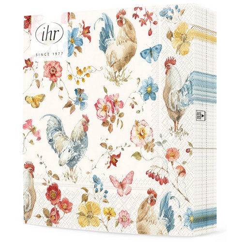 20 Servietten Country Rooster cream - Hahn an Vintage-Blüten 33x33cm