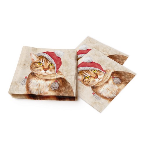 20 Servietten Jill cream - Katze mit Weihnachtsmütze 33x33cm