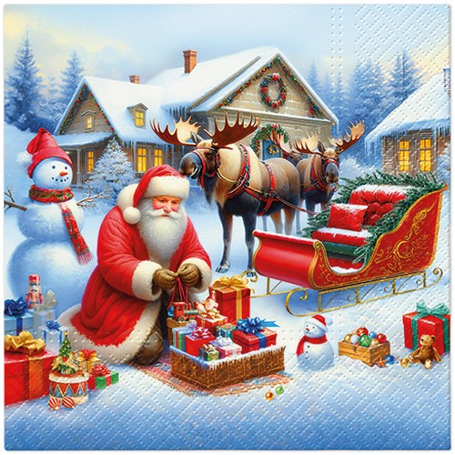20 Servietten Holiday Sleigh Preparation - Santa bereitet Geschenke vor 33x33cm