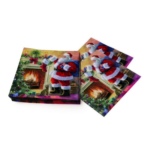 20 Servietten Santa placing Presents in Stockings - Weihnachtsmann versteckt Geschenke 33x33cm