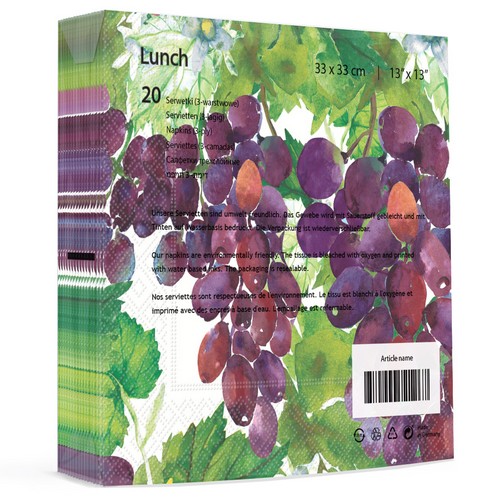 20 Servietten Vineyard elegance - Schön gemalte Weintrauben 33x33cm
