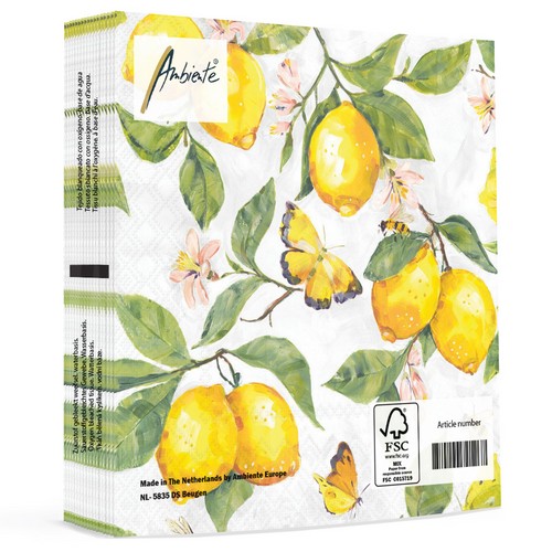 20 Servietten Fresh Lemons white - Schmetterlinge an frischen Zitronen weiß 33x33cm
