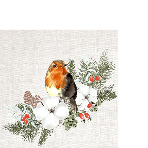 20 kleine Cocktailservietten Robin Forest - Rotkehlchen auf Winterzweig 25x25cm