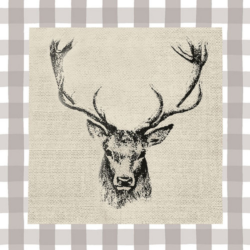 20 Servietten Checked Stag Head brown - Hirsch in gemalter Form 33x33cm