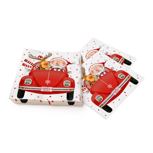 20 Servietten Santas red Car - Santa und Elch im Auto 33x33cm