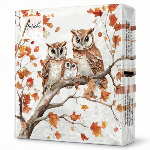 20 Servietten Family of Owls - Eulenfamilie auf Herbstbaum 33x33cm