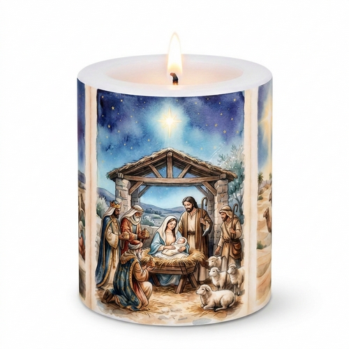Kerze rund Story of Jesus Born - Geschichte von Geburt Jesu Ø 8cm, Höhe 8,5cm