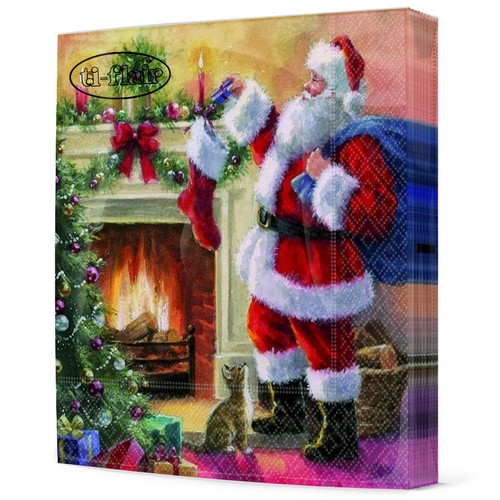 20 Servietten Santa placing Presents in Stockings - Weihnachtsmann versteckt Geschenke 33x33cm