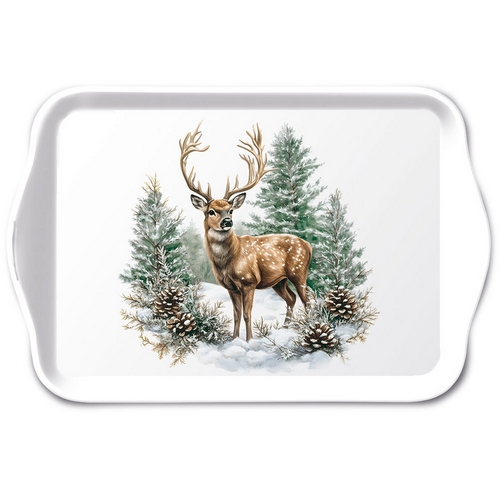 Tablett klein Winter Stag white - Eleganter Hirsch im Winterwald 20,8x13,6cm