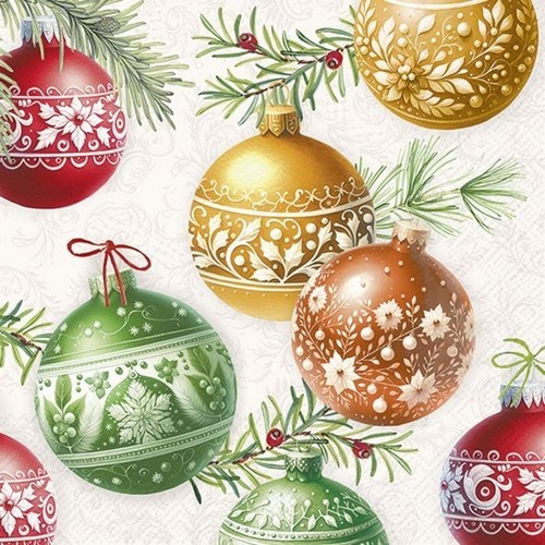 20 Servietten Christmas Bubbles - Bunte Kugeln mit Ornamente 33x33cm