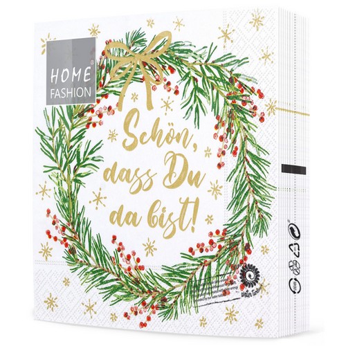 20 Servietten Rundherum festlich - Weihnachtskranz „Schön“ 33x33cm