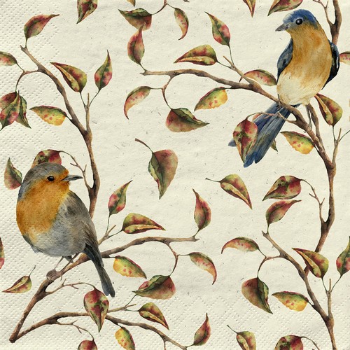 20 Servietten nachhaltig Gras Birds in Nature - Zwei Vögel an Zweige mit Blätter 33x33cm