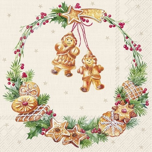 20 Servietten Cookie Wreath - Lebkuchen-Figuren im Kranz 33x33cm