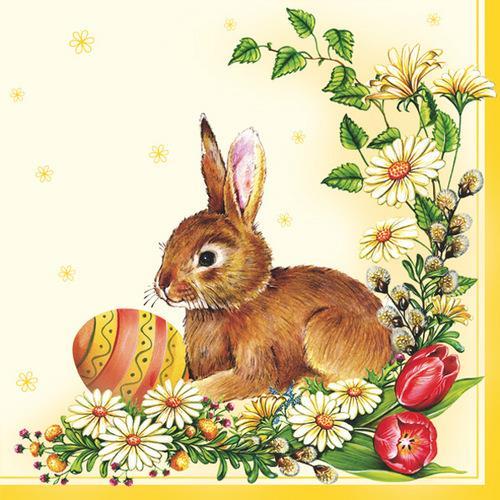 20 Servietten Easter Egg & Hare yellow - Hase an Frühlingsbordüre 33x33cm