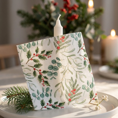 20 Servietten Foliage Scatter white - Naturzweige und Blätter im Winter 33x33cm