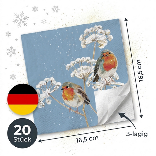 20 Servietten Solitude blue - Rotkehlchen an Gräser im Winter 33x33cm