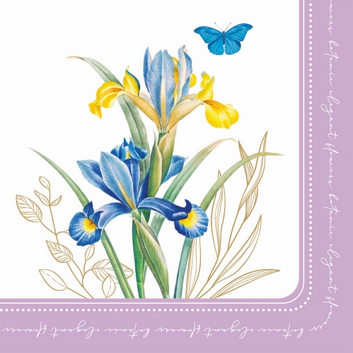 20 Servietten Royal Blossom - Elegante Frühlingsblumen an flieder Bordüre 33x33cm
