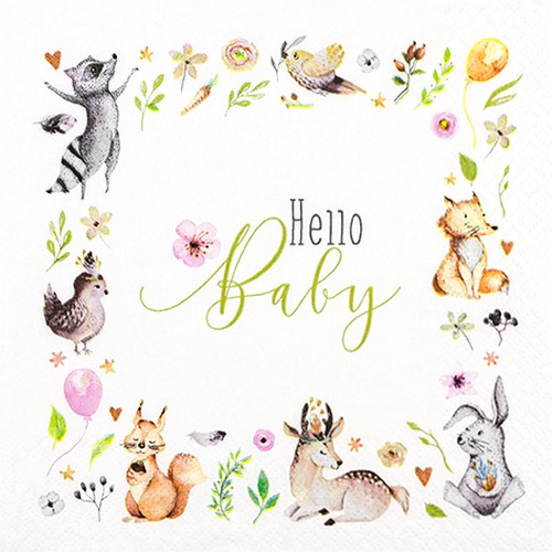 20 Servietten Hello Baby - Tiere kommen für das Baby 33x33cm