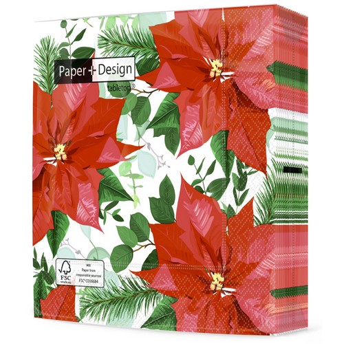 20 Servietten Floral Christmas - Blühender, roter Weihnachtsstern 33x33cm
