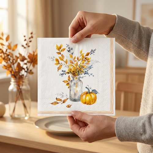 20 Servietten Autumn Glow Bouquet - Kürbis an Herbstvase 33x33cm