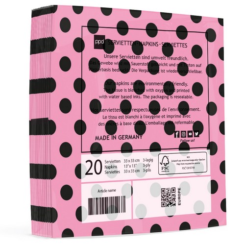 20 Servietten Art du Point rose Schwarze Punkte auf rosa 33x33cm