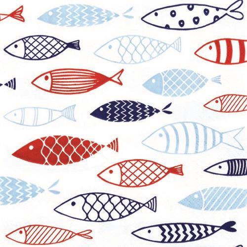 20 Servietten Fish on Tour - Fische im Schwarm rot-blau 33x33cm