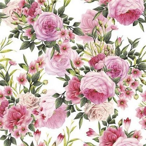 20 Servietten Rose Twigs with Leaves and Flowers – Blühende Rosenstränge 33x33cm