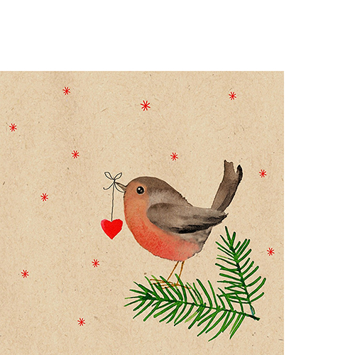 20 kleine Cocktailservietten aus Recycling-Papier Robin Heart - Vogel mit Herz an Zweige 25x25cm