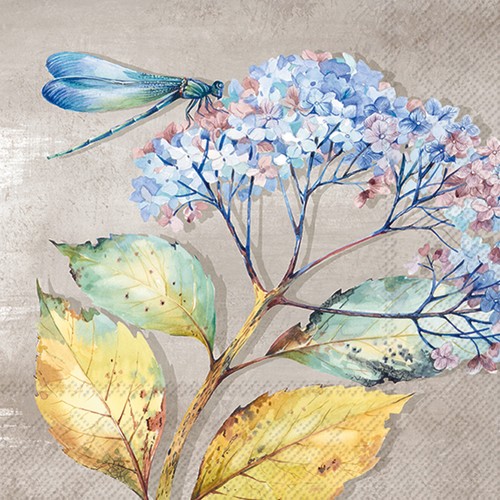 20 Servietten Dragonfly´s Favorite - Libelle an herbstlicher Hortensie 33x33cm