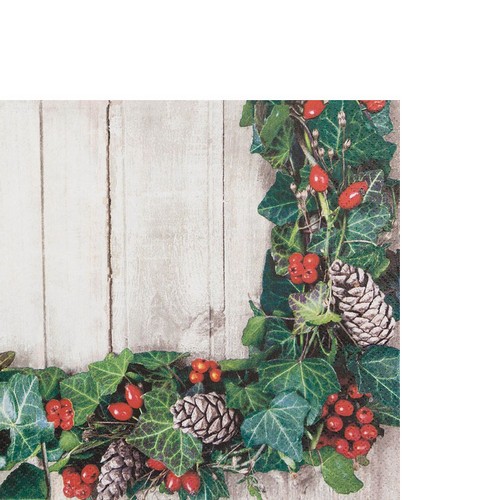 20 kleine Cocktailservietten Ivy Wreath - Bordüre aus Blättern und Zapfen 25x25cm