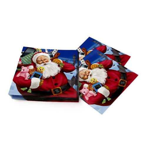 20 Servietten Santa with Toys - Weihnachtsmann mit Geschenkesack 33x33cm