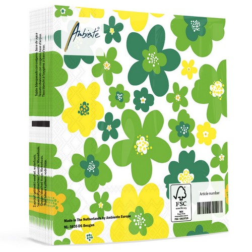 20 Servietten Flower Power green - Moderne Blütenvielfalt grün-gelb 33x33cm