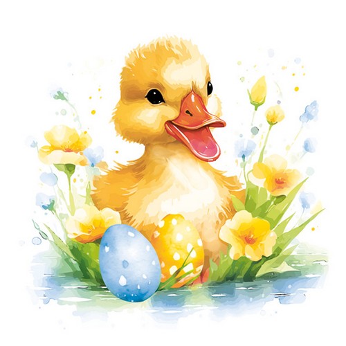 20 Servietten Watercolour Cute Baby Duck - Küken mit Eier an Blüten 33x33cm