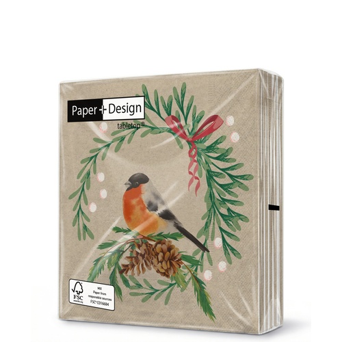 20 kleine Cocktailservietten aus Recycling-Papier Joyful bird - Vogel im zarten Kranz 25x25cm
