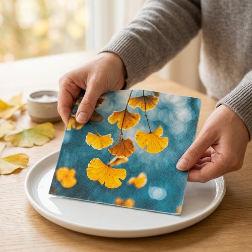 20 Servietten Natural Ginkgo - Ginkgo-Blätter auf blau 33x33cm