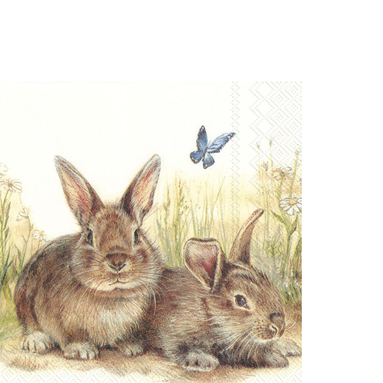 20 kleine Cocktailservietten Bunny & Clyde - Spielende Hasen im Gras 25x25cm