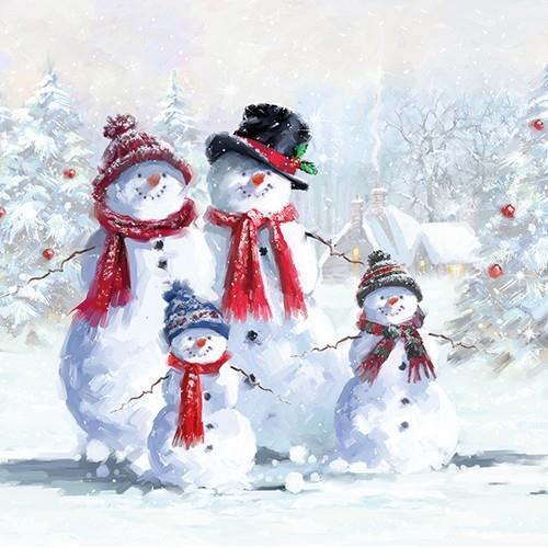 20 Servietten Snowmen With Hat - Fröhliche Schneemannfamilie 33x33cm