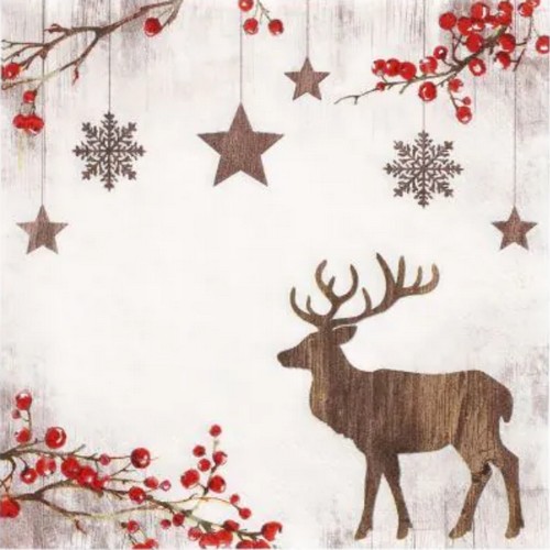 20 Servietten X-Mas Deer - Holz-Hirsch an Winterbeeren 33x33cm