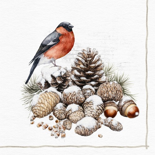 20 Servietten Bullfinch & Cones - Vogel auf Zapfen 33x33cm