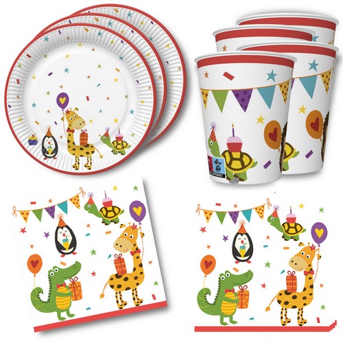 36-teiliges Tischdeko-Set Cute Party Animals - Lustige Tiere in Partylaune auf Teller, Becher und Servietten