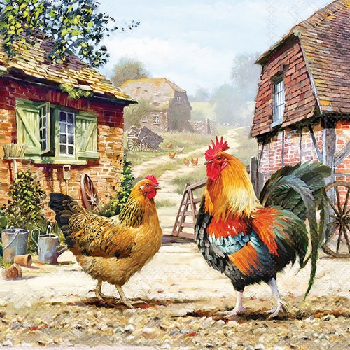 20 Servietten Rooster Ranch - Hahn und Henne auf Bauernhof 33x33cm